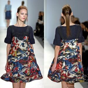 Lela Rose Silk Abstract Print Empire Dress Black Multicolor 8 EUC